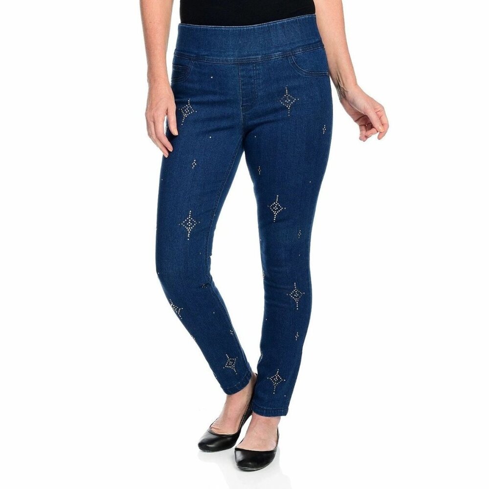 One World Skinny Flexi Fit Jeans Jegging XS Pull On Rhinestone Tummy Control